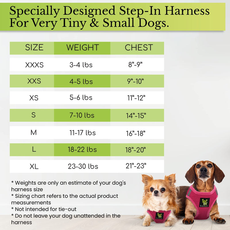 EcoBark Step in Dog Harness Reflective Soft Ultra Padded Mesh Dog Harnesses for XXS, XS, Small, and Medium Dogs Eco-Friendly Comfort Secure Halter No Pull Adjustable Pet Vest XXS- 4 to 5 lbs- Chest Up to 11 in (Pack of 1) Pink - BeesActive Australia