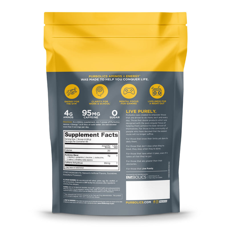 Purbolics Aminos + Energy | Supports Recovery, Energy & Focus | 95mg of Caffeine, 0 Calories & 60 Servings (Rainbow Candy) Rainbow Candy - BeesActive Australia