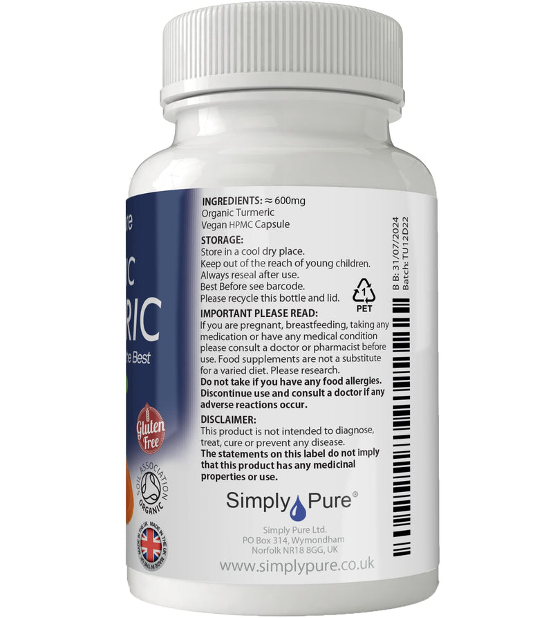Simply Pure Organic Turmeric Capsules x 90, 600mg, 100% Natural Soil Association Certified, Gluten Free, GM Free and Vegan. - BeesActive Australia
