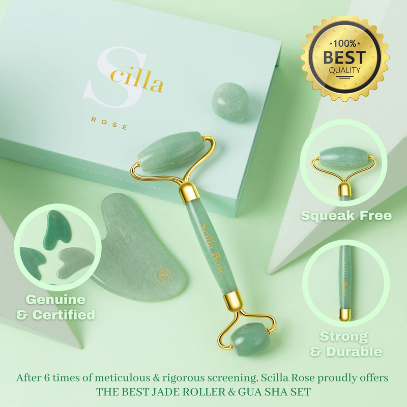 Jade Roller and Gua Sha Facial Massage Valentine's Gift Set for Women - Face Roller and Guasha Stone, Lymphatic Drainage Massager, Superior and Natural, Anti-Ageing Skincare Tools Stunning Jade Set - BeesActive Australia