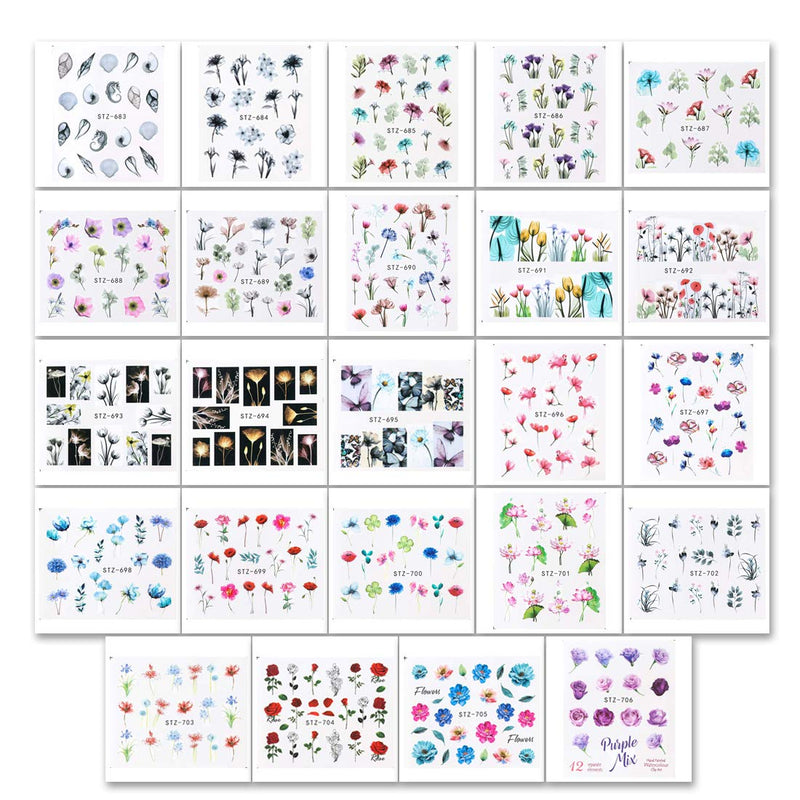 Nail Stickers for Nail Art Flowers Butterfly Nail Art Stickers Water Transfer Nail Decals Nail Decorations for Nails Supply Watermark DIY Colorful Art Foils for Nails Design Manicure Tips 24 Sheets Flower-1 - BeesActive Australia