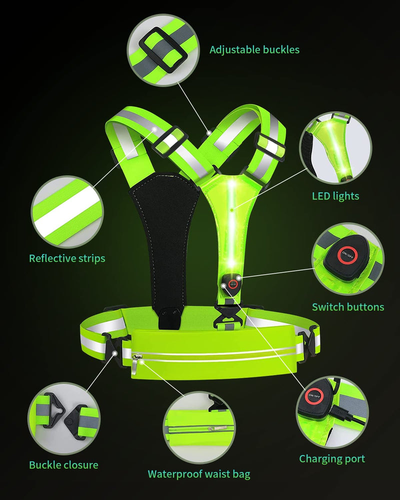 AKUSCON LED Reflective Running Vest Gear，USB Rechargeable Light Up Reflective Vest for Walking at Night, Adjustable Reflective Safety Vest for Men Women Include Mobile Waist Bag Reflective Bands Green A - BeesActive Australia
