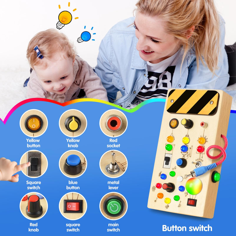 POLKRANE Busy Board with LED Light,Montessori Toys with Toggle Switch,Travel Toys and Wooden Toy for Educational Toddler Activities for 1 2 3 4 Year Old Boys & Girls (Rainbow) Rainbow - BeesActive Australia