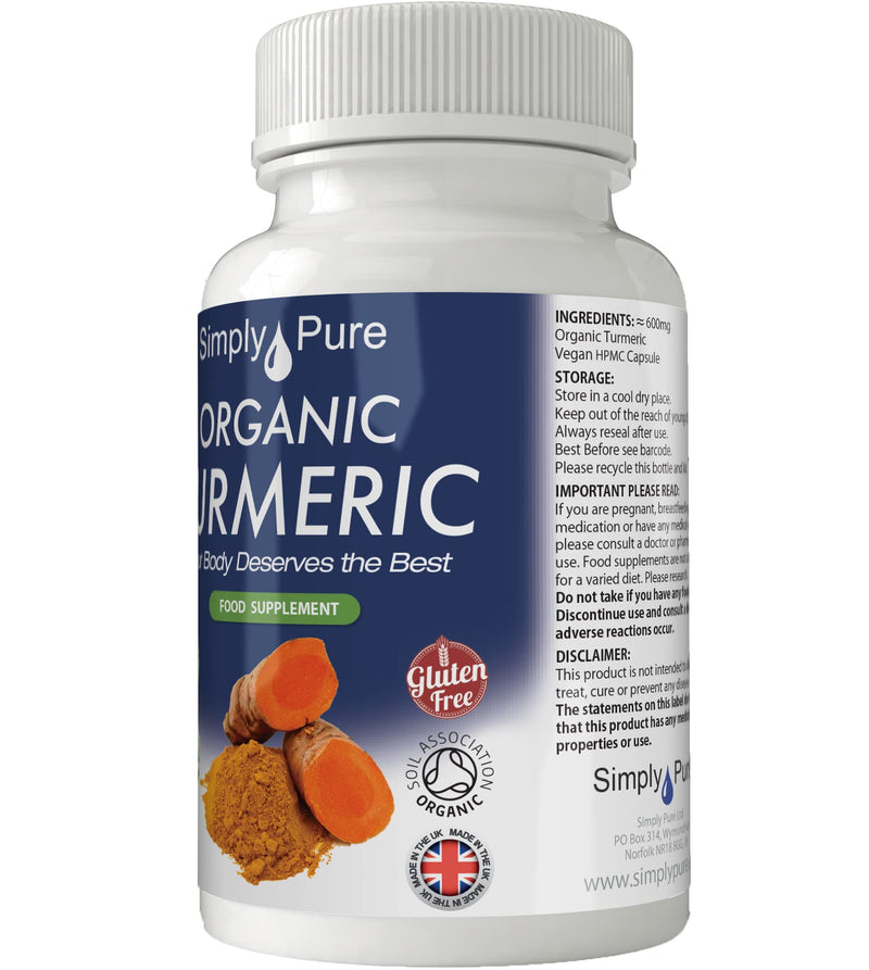 Simply Pure Organic Turmeric Capsules x 90, 600mg, 100% Natural Soil Association Certified, Gluten Free, GM Free and Vegan. - BeesActive Australia