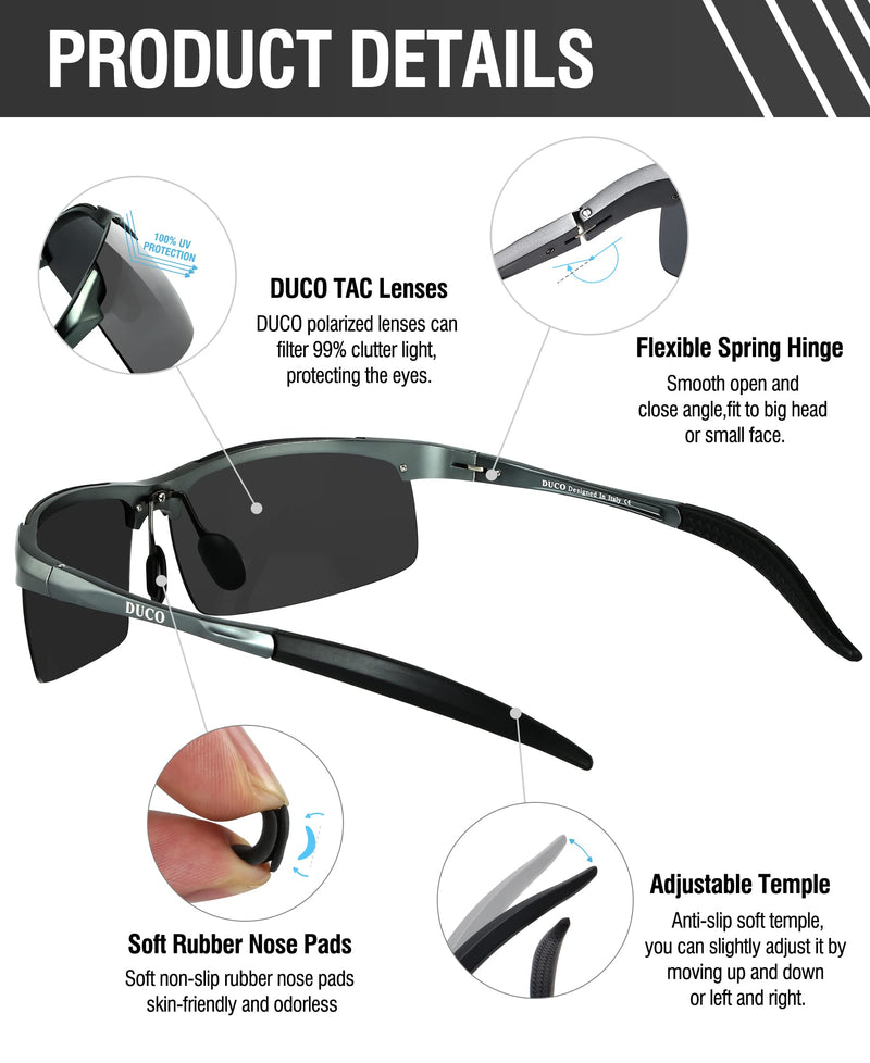 DUCO Mens Sports Polarized Sunglasses UV Protection Sunglasses for Men 8177s A Gunmetal Frame Gray Lens - BeesActive Australia
