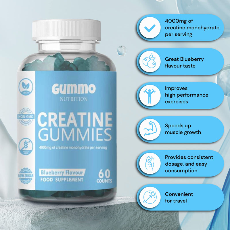 Creatine Monohydrate Gummies 4000mg for Men & Women - 60 Chewable Creatine Gummies (1 Months Supply) - Natural Blueberry Flavoured Creatine, Pre Workout Gym Supplement, Suitable for Vegans - BeesActive Australia