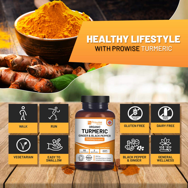 Organic Turmeric Capsules High Strength 1440mg | 120 Capsules with Black Pepper, Ginger & Active Ingredient Curcumin (2 Month Supply) | Turmeric Capsules High Strength Made In UK by Prowise Healthcare - BeesActive Australia
