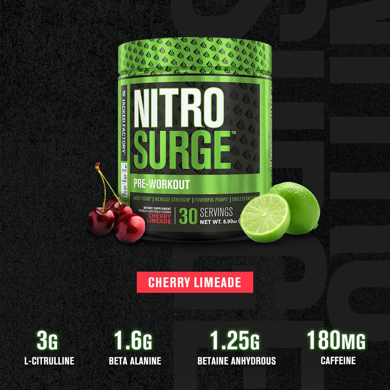NITROSURGE Pre Workout Supplement - Endless Energy, Instant Strength Gains, Clear Focus, Intense Pumps - Nitric Oxide Booster & Preworkout Powder with Beta Alanine - 30 Servings, Cherry Limeade 30 Servings (Pack of 1) - BeesActive Australia