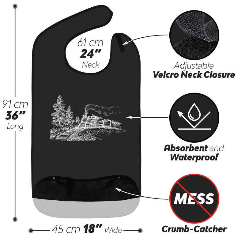 Classic Bib Designs Adult Bibs for Eating: Reusable with Crumb Catcher Pocket - For Men and Women 3 Pack (Variety) - Steam Train - BeesActive Australia