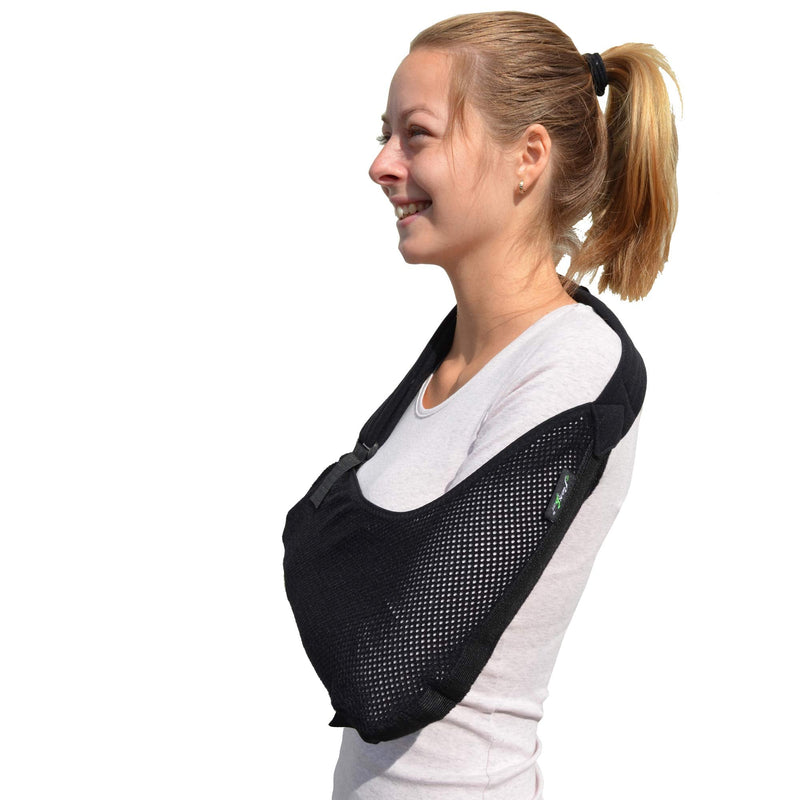 Adult ONE Size Arm Sling Shoulder Support (Black/Black) Medically Approved, Cool, Easy Fit, Thumb Loop, Unisex. Black/Black Trim - BeesActive Australia