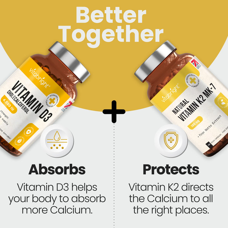 Vitamin K2 MK-7 - Optimal Strength 100mcg - from Natto - Sourced from Plant-Based Natural Ingredients - 120 Easy to Swallow Vegan Capsules (Not Tablets) - Menaquinone-7 - Made in UK by VitaBright - BeesActive Australia