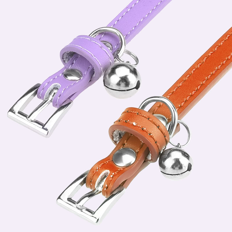 PUPTECK 2 PCS Soft Leather Cat Kitten Collar-Orange, Purple, Black, Khaki, Pink, Blue Orange&Purple - BeesActive Australia