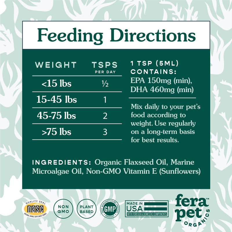Fera Pets - Plant Based Omega 3s, 6, 9 - for Dogs and Cats - Made with Marine Algae + Flaxseed Oil - 100% Vegan DHA and EPA Supplement - for Healthy Skin, Coat, and Immune System - 8oz - BeesActive Australia