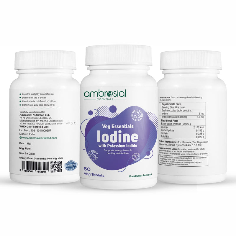 Ambrosial Iodine Supplement 5000mcg with 7500 mcg Potassium Iodide| High Strength Iodine Tablets | Natural Source of Iodine from Potassium Supplements & Iodide Tablets (Pack of 1-60 Tablets) 60 count (Pack of 1) - BeesActive Australia