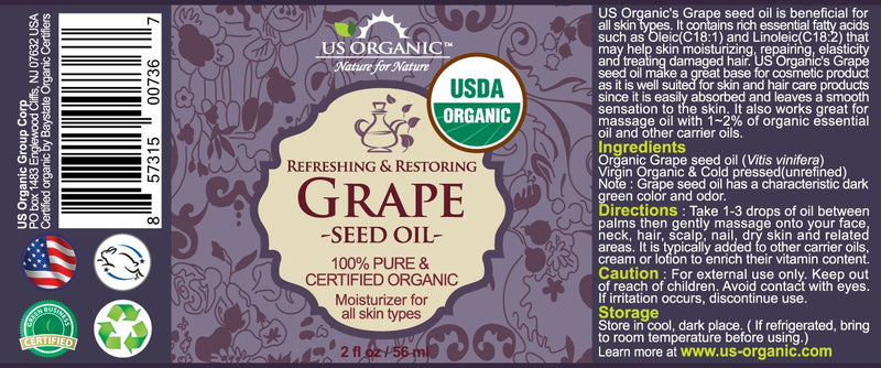 US Organic Grape Seed Oil, USDA Certified Organic, 100% Pure & Natural, Cold Pressed Virgin, Unrefined, in Amber Glass Bottle w/Glass Eye dropper for Easy Application (2 oz (56 ml)) 2 Ounce (58 ml) - BeesActive Australia