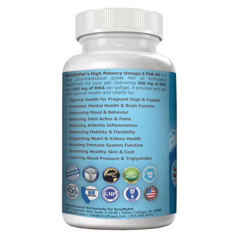 ScruffyPet Pure Omega 3 Wild Fish Oil for Dogs with Vitamin E - Highest EPA & DHA Softgels Available (1000mg) 180ct - BeesActive Australia