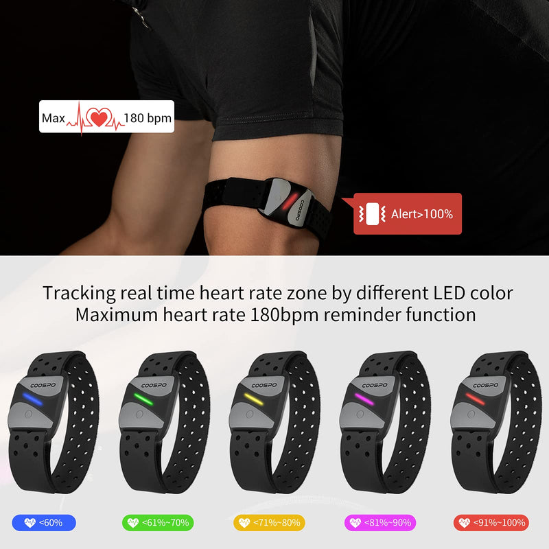 COOSPO Heart Rate Monitor Armband HW807, Bluetooth 5.0 ANT+ HRM with HR Zone LED Indicator, Tracking Heartbeat HRV for Fitness Training, Work with Peloton/Polar/Wahoo/Strava/Zwift/DDP Yoga COOSPO Armband Heart Rate Monitor - BeesActive Australia