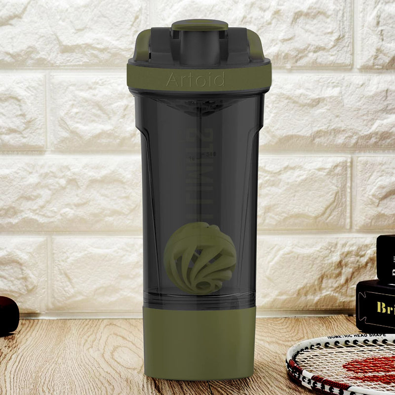 Artoid Mode 720ml Inspirational Sports Fitness Workout Protein Shaker Bottle with Twist and Lock Protein Box Storage, Dual Mixing Technology with Shaker Balls & Mixing Grids - BPA Free Black/Moss Green - BeesActive Australia