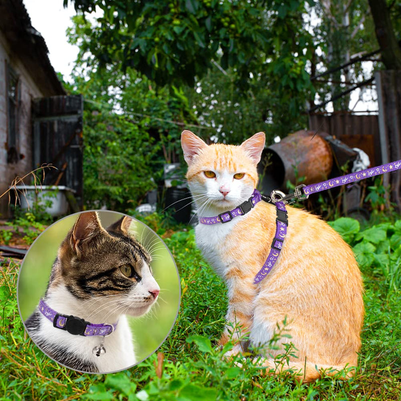 Cat Harness with Leash and Collar Set - Escape Proof Adjustable H-shped Cat Harness with Star and Moon Pattern Glow in The Dark for Kitty Outdoor Walking Purple - BeesActive Australia