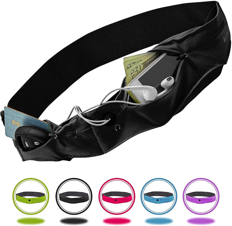 Athlé Running Belt for Exercise and Travel - Two Stretch Pockets Fit Most Phones, Wallet, Cards and More - Key Clip, Earphone Jack, Adjustable Waist Strap Medium - 25" - 32" Black - BeesActive Australia