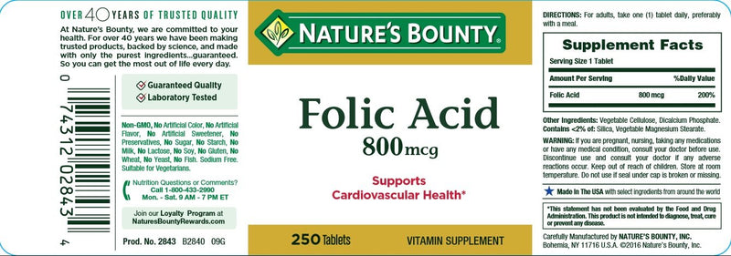 Nature's Bounty Folic Acid Supplement, Supports Cardiovascular Health, 800mcg, 250 Tablets, 3 Pack - BeesActive Australia