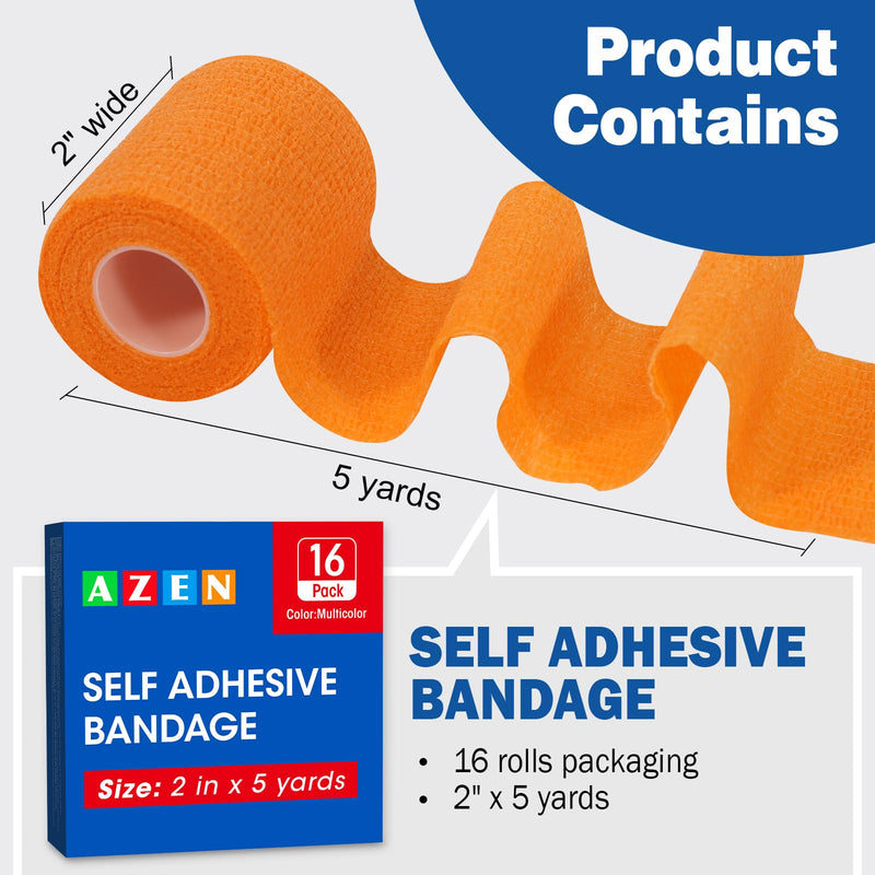 AZEN 16 Pack Self Adhesive Bandage Wrap, 2" X 5 Yards Elastic Cohesive Bandage Wrap, Color Athletic Tape, Vet Wrap, Ankle Tape, Tattoo Grip Tape Wrap B-16color - BeesActive Australia