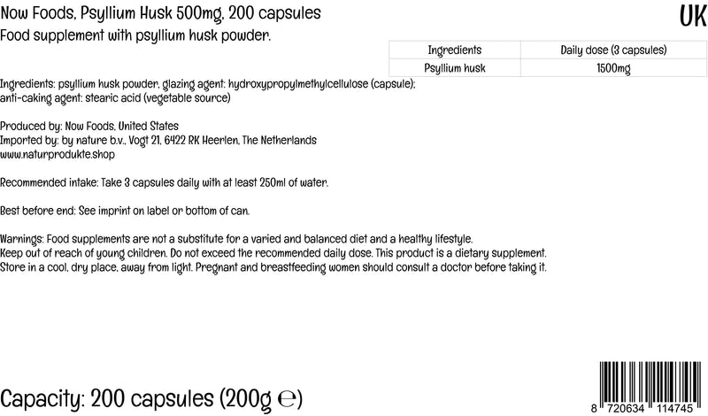Now Foods, Psyllium Husks, 500mg, 200 Vegan Capsules, Lab-Tested, SOYA Free, Gluten Free, Vegetarian, Non-GMO - BeesActive Australia