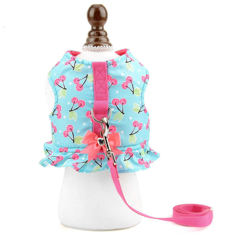 SMALLLEE_LUCKY_STORE Bow Flower Striped Print Cat Small Dog Harness Dress with Leash for Girls Adjustable No Pull Escape Proof Soft Walking Jacket Waterproof Puppies Kitten Harness Vest Outdoor M(chest 16.5-17.5 Inch) blue cherry - BeesActive Australia