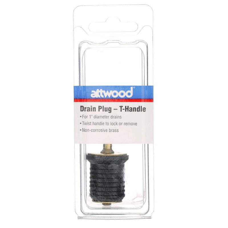 Attwood 7526A7 T-Handle Drain Plug, For 1-Inch-Diameter Drains, Locks in Place, Brass Handle, Rubber Plug - BeesActive Australia