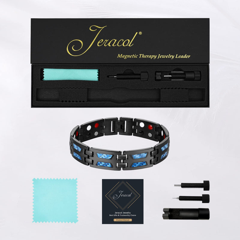 Jeracol Blue Carbon Fiber Titanium Steel Magnetic Bracelet for Men, 4 Element Double Row Strong Magnets,Size Adjustable Brazaletes Wristband with Removal Tool&Gift Box,Gift for Boyfriend Father's Day - BeesActive Australia