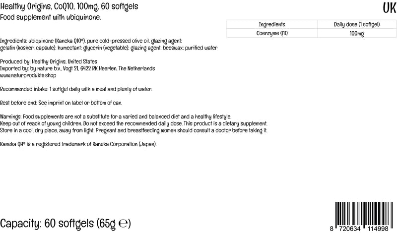 Healthy Origins, Natural CoQ10 with Kaneka QH, 100mg, High Strength, 60 Softgels, Lab Tested, Gluten Free, SOYA Free, Non-GMO - BeesActive Australia