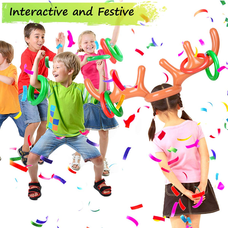 [AUSTRALIA] - 2 Set Inflatable Reindeer Antler Game, (2 Inflatable Antler, 12 Rings Reindeer Ring Toss) Inflatable Reindeer Antler Hat with Rings, Family Christmas Party Games 