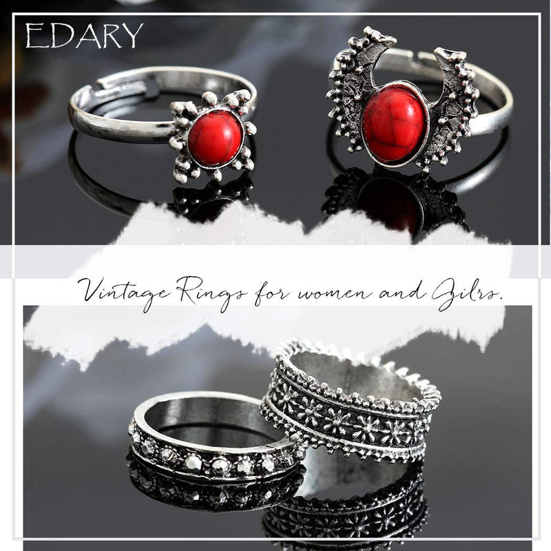 Edary Vintage Sun Rings Red Gemstone Ring Silver Pattern Joint Knuckle Rings Set for Women and Girls.(10PCS) - BeesActive Australia