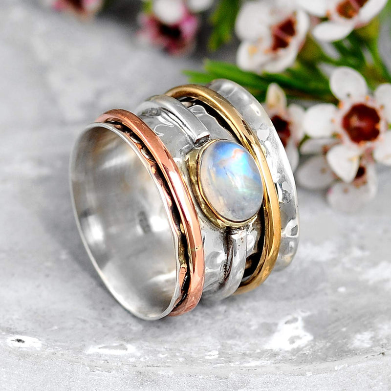 Boho-Magic 925 Sterling Silver Spinner Moonstone Ring for Women with Copper and Brass Fidget Rings Bands 6 - BeesActive Australia