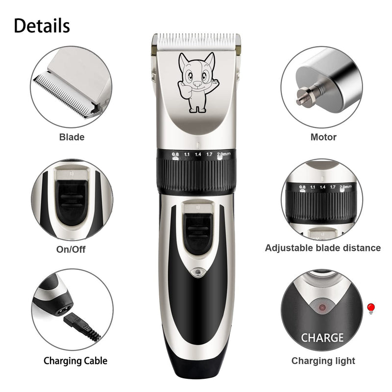 Dog Grooming Kit Clippers, Low Noise, Electric Quiet, Rechargeable, Cordless, Pet Hair Thick Coats Clippers Trimmers Set, Suitable for Dogs, Cats, and Other Pets Silver - BeesActive Australia