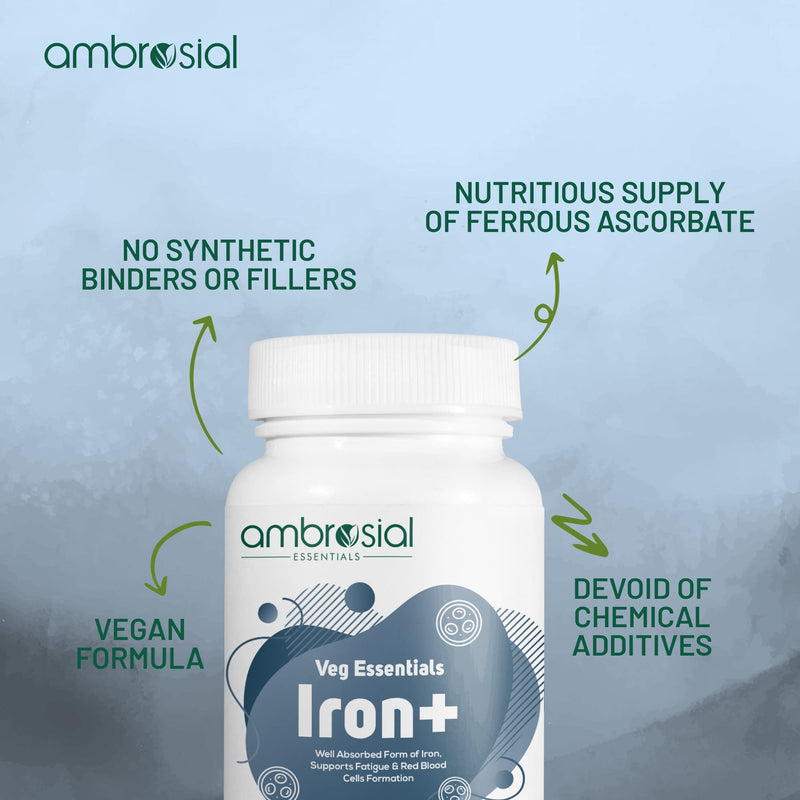 Ambrosial Iron Tablets High Strength 25mg| Iron Supplements for Women & Men Blood Support & Helps Reduce Tiredness & Fatigue | Enhanced Absorption & Non - Constipating (Pack of 1-60 Capsules) - BeesActive Australia