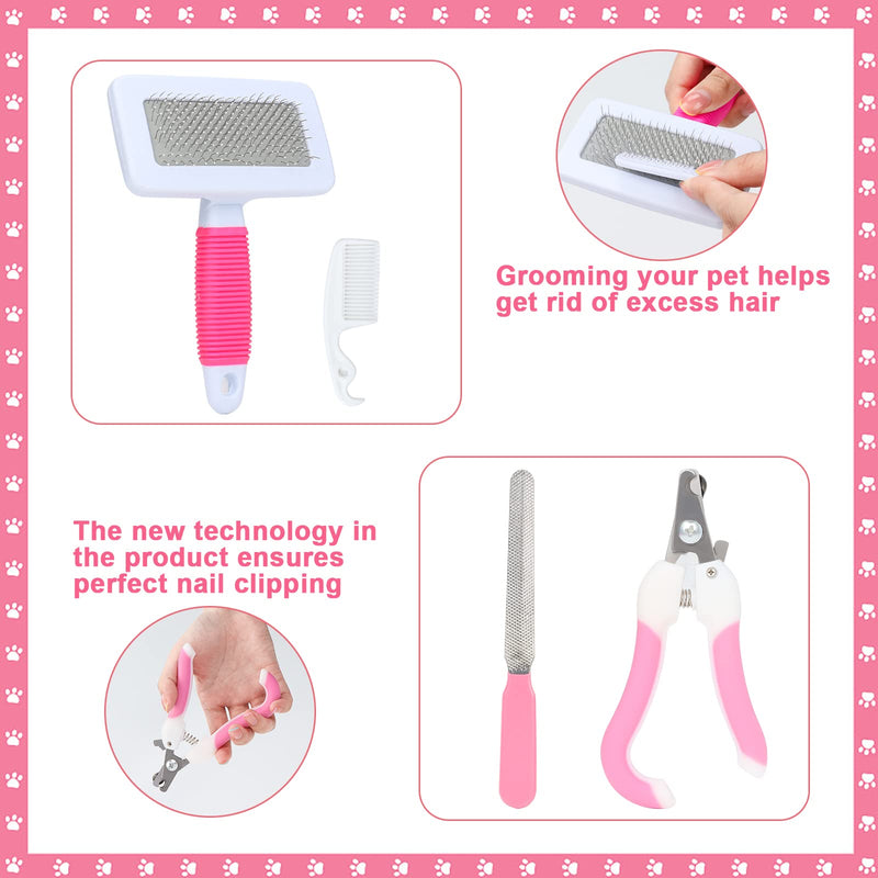 VCZONE 8 Pcs Small Animal Pink Grooming Kit, Rabbit Grooming Kit with Pet Nail Clipper and File, Flea Comb, Pet Shampoo Bath Brush , Pet Shedding Slicker Brush, Bath Massage Glove, Small Cleaning Comb - BeesActive Australia