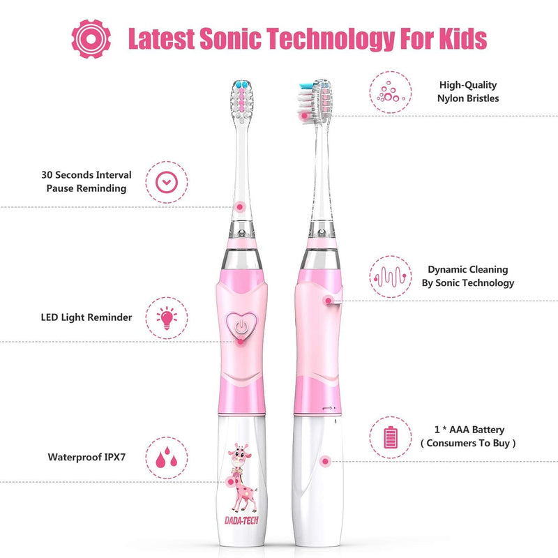 Dada-Tech Kids Electric Toothbrush, Sonic Childrens Battery Powered Soft Tooth Brush with Timer for Junior Boys and Girls Ages 2+, Rainbow Flashing LED Light, Waterproof, 3 Brush Heads (Pink) Pink - BeesActive Australia