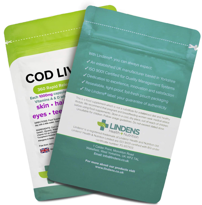 Lindens Cod Liver Oil 1000mg Capsules - 360 Pack - High in Omega 3, Vitamins A & D Contributes Towards Normal Skin, Hair, Nails, Bones, Eyes, Teeth, Brain & Immune System - UK Manufacturer, Letterbox Friendly - BeesActive Australia