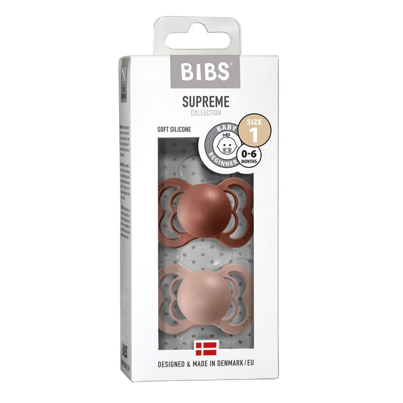 BIBS Pacifiers - Supreme Collection | BPA-Free Baby Pacifier | Made in Denmark | Set of 2 Woodchuck/Blush Color Premium Soothers | Size 0-6 Months - BeesActive Australia
