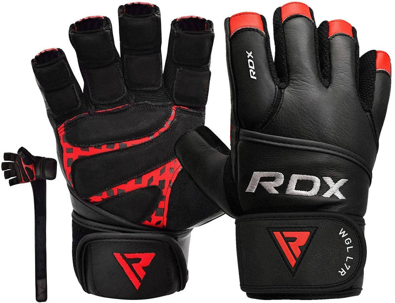 RDX Weight Lifting Gloves Gym Fitness Workout, Cowhide Leather, 50CM Long Wrist Support Grip, Full Palm Protection, Powerlifting Strength Training Deadlifting Bodybuilding Exercise Cycling, Men Women Red Large - BeesActive Australia