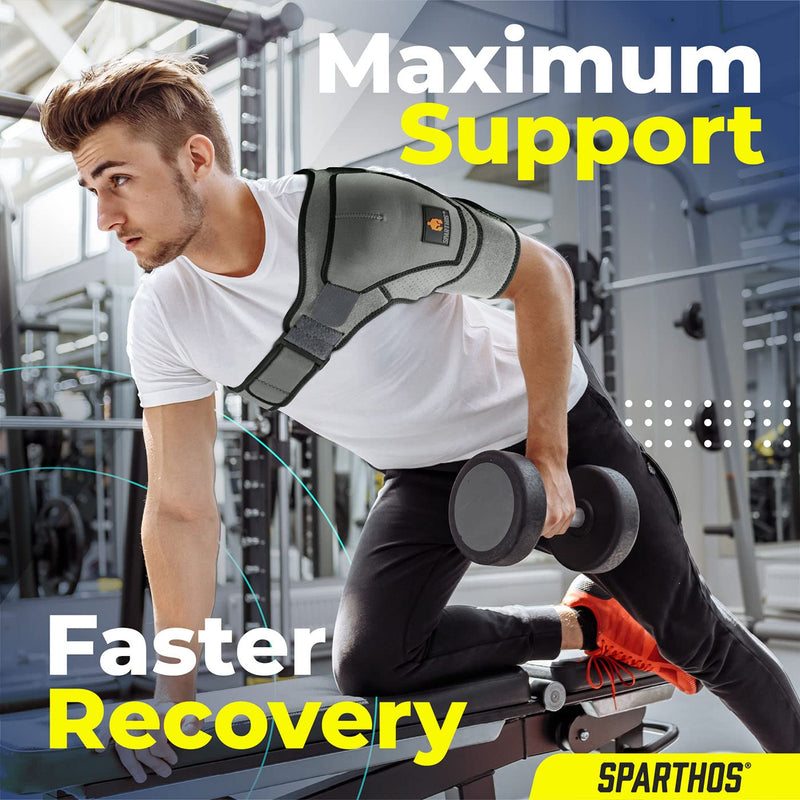 Sparthos Shoulder Brace - Support and Compression Sleeve for Torn Rotator Cuff, AC Joint Pain Relief - Arm Immobilizer Wrap, Ice Pack Pocket, Stability Strap, Dislocated Sholder - for Men and Women Universal Gray/Black - BeesActive Australia