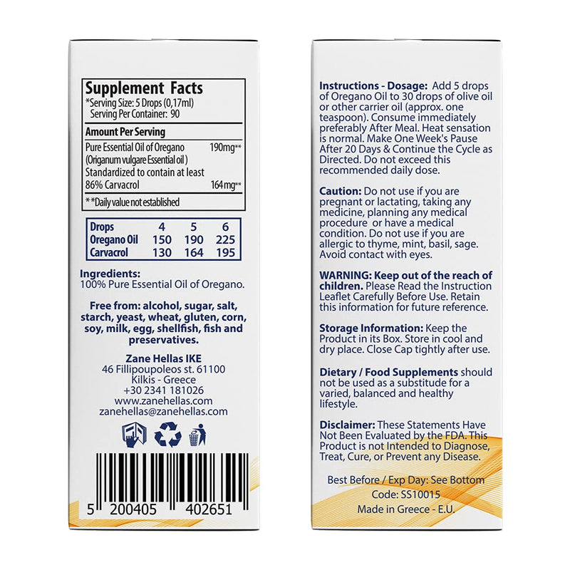 Zane Hellas 190 mg Oregano Oil-164 mg Carvacrol per Serving-4 Drops Daily. 100% Greek Undiluted Oil of Oregano. 86%-90% Min Carvacrol. Probably The Best Oregano Oil in The World. 0.5 fl. oz.- 15ml. - BeesActive Australia