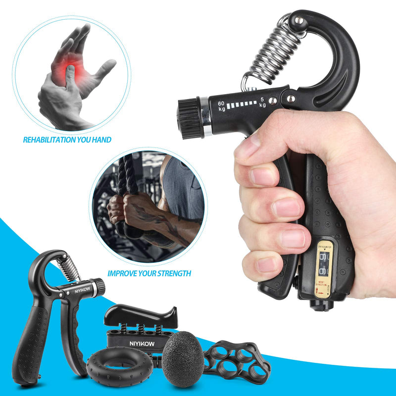 NIYIKOW Grip Strength Trainer Kit with Counter (5 Pack), Counting Grip Strength, Adjustable Hand Grip Strengthener, Finger Trainer, Finger Stretcher, Grip Ring & Stress Relief Grip Ball with Carry Bag Black - BeesActive Australia