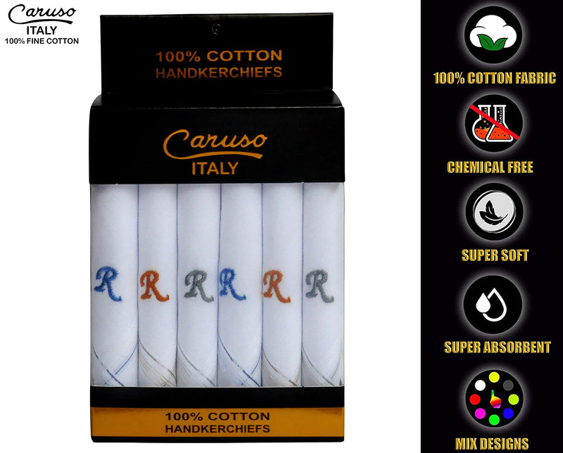 Caruso Italy Men's Initial Monogram Embroidery 100% Pure Cotton Handkerchief White Base With Colored Border - Pack Of 6 Ie-r - BeesActive Australia
