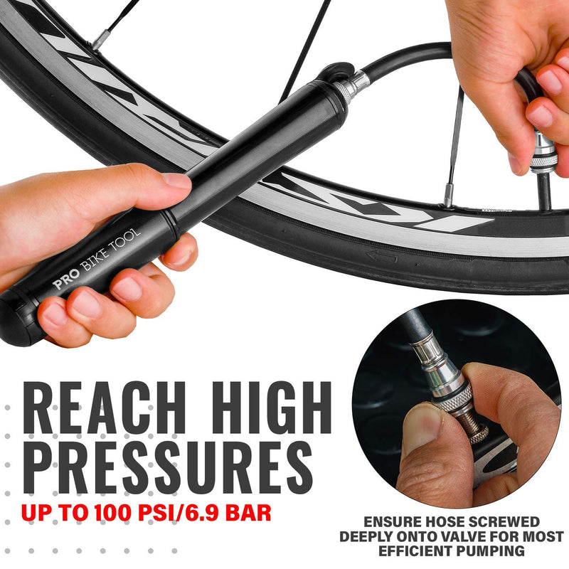 PRO BIKE TOOL Mini Bike Pump Premium Edition - Fits Presta and Schrader valves - High Pressure PSI - Bicycle Tire Pump for Road and Mountain Bikes Premium Edition Black - BeesActive Australia