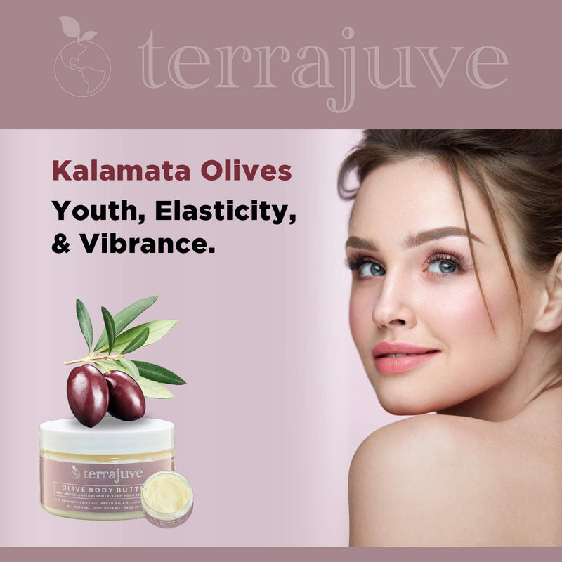 Organic Olive Body Butter Lotion by Terrajuve, with Kalamata Olives, Anti Aging Antioxidants for Radiant Skin, with Argan Oil,  Vitamins B6, C, E and K, and Fruit Oils, Pure, All Natural, Made in USA - BeesActive Australia