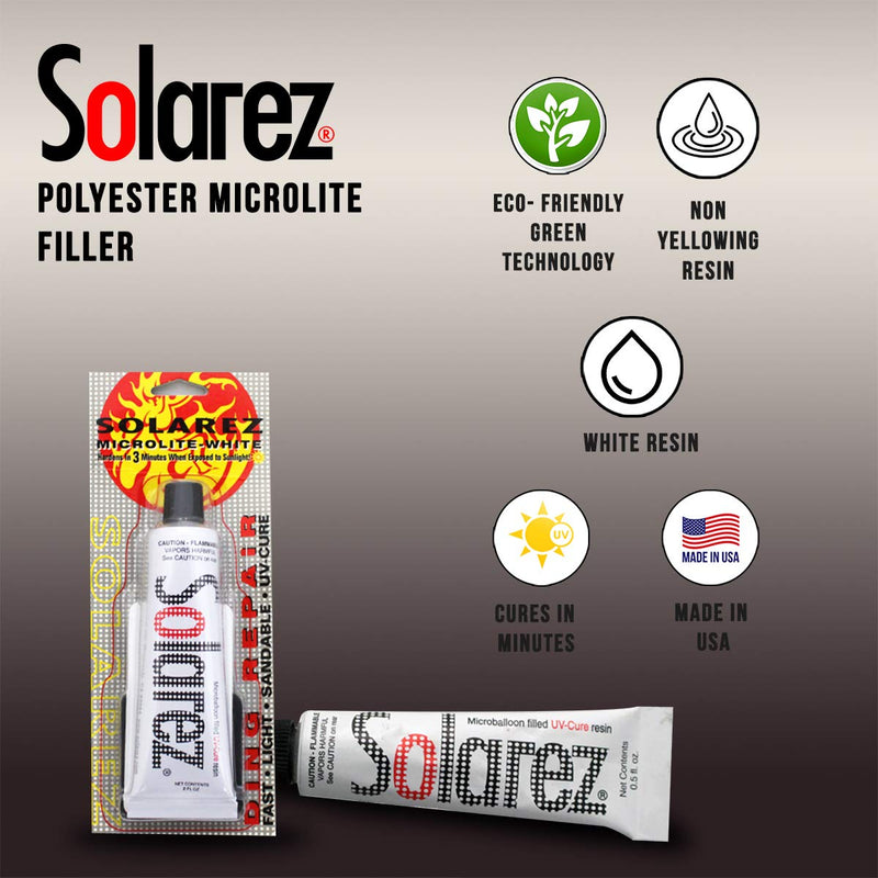 SOLAREZ UV Cure Microlite White Polyester DING Repair Filler (0.5 oz) - Surfboard Repair Foam with 60/240 Grit Sand Pad & Spreader ~ Fastest Fix for Deep Dings on [Polyurethane] Surfboard Foam - BeesActive Australia
