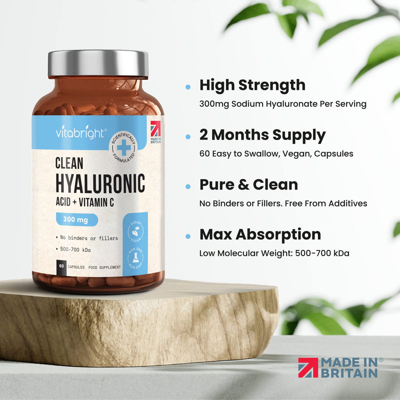 Hyaluronic Acid Capsules - High Strength 300mg - Premium Grade 500-700kDa - 60 Capsules (2 Month Supply) - With Vitamin C - Natural Moisturiser For Face, Body, Skin & Joints - Made In UK By Vitabright - BeesActive Australia