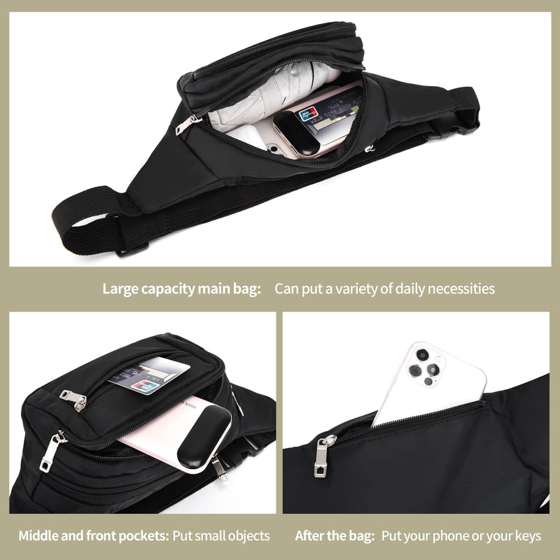 DAITET Crossbody Fanny Pack for Men&Women,Large Waist Bag & Hip Bum Bag with Adjustable Strap for Outdoors Workout Traveling Casual Running Hiking Cycling(Black) A Zipper Black Nylon - BeesActive Australia